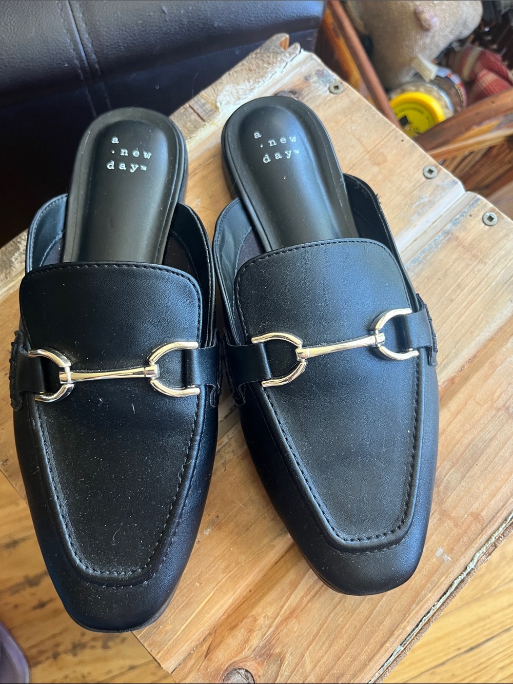 a new day Black Slip-On Mules with Gold Bit Detail